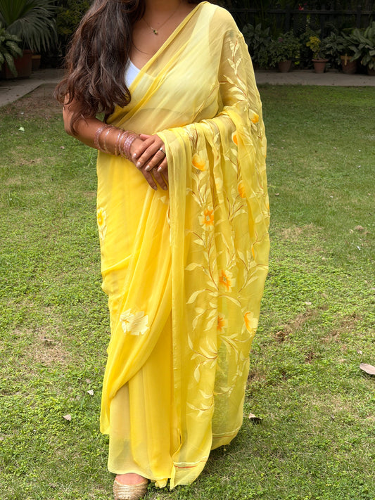 Yellow Hand-painted Chiffon Saree