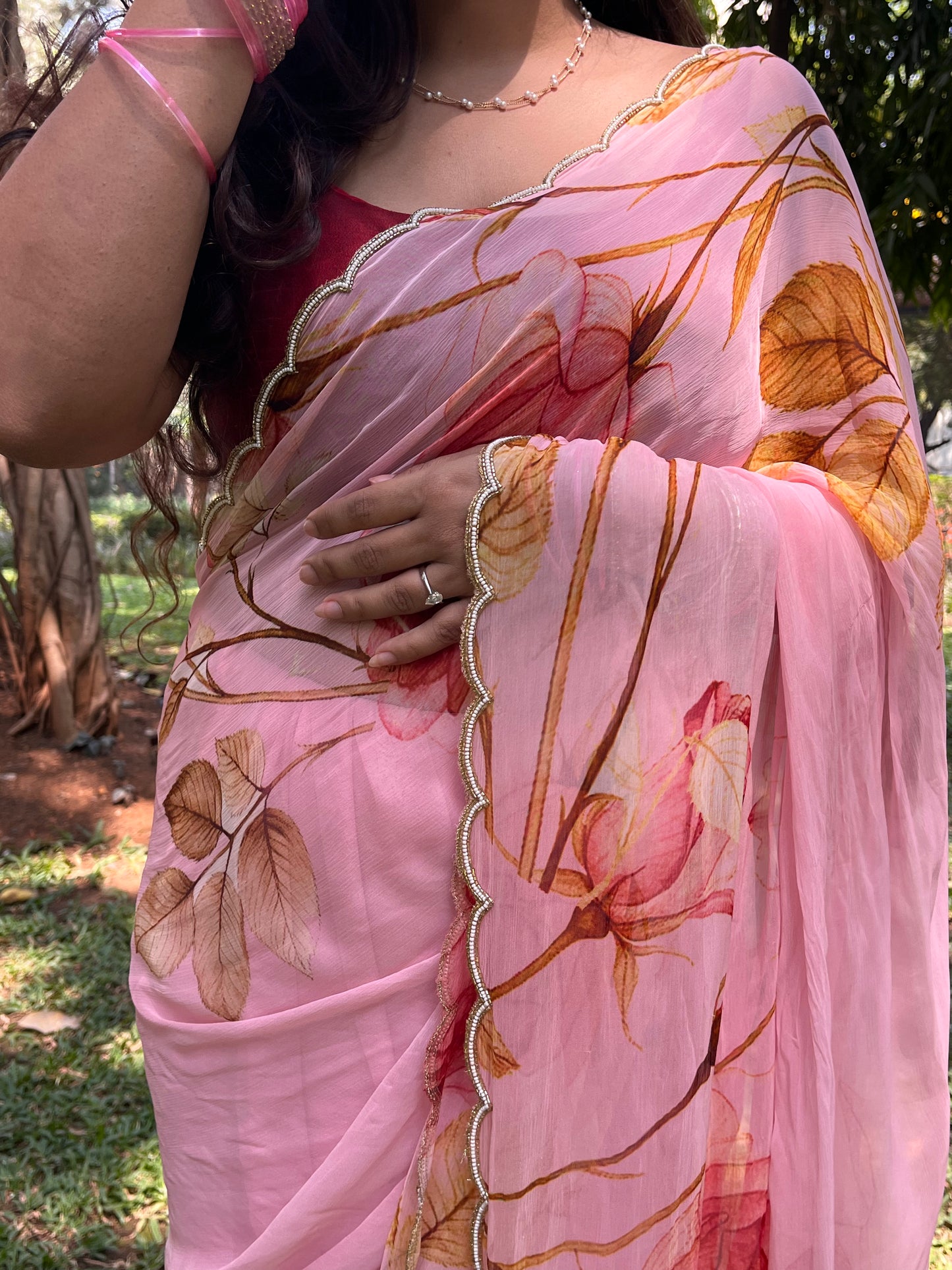 Rosé Bloom Hand-Embroidered Pure Chiffon Saree