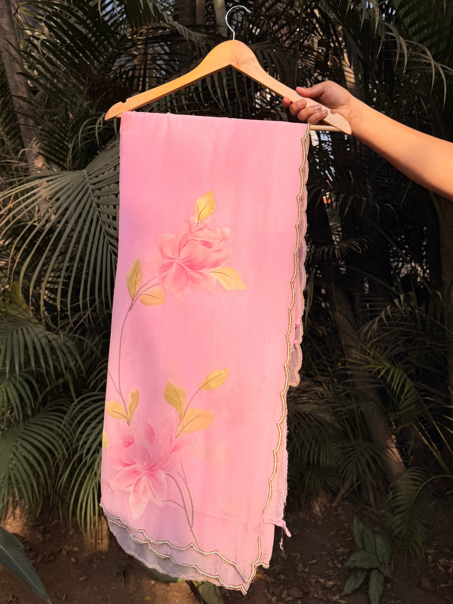 Blush Petal Hand-Painted & Hand-Embroidered Pure Chiffon Saree