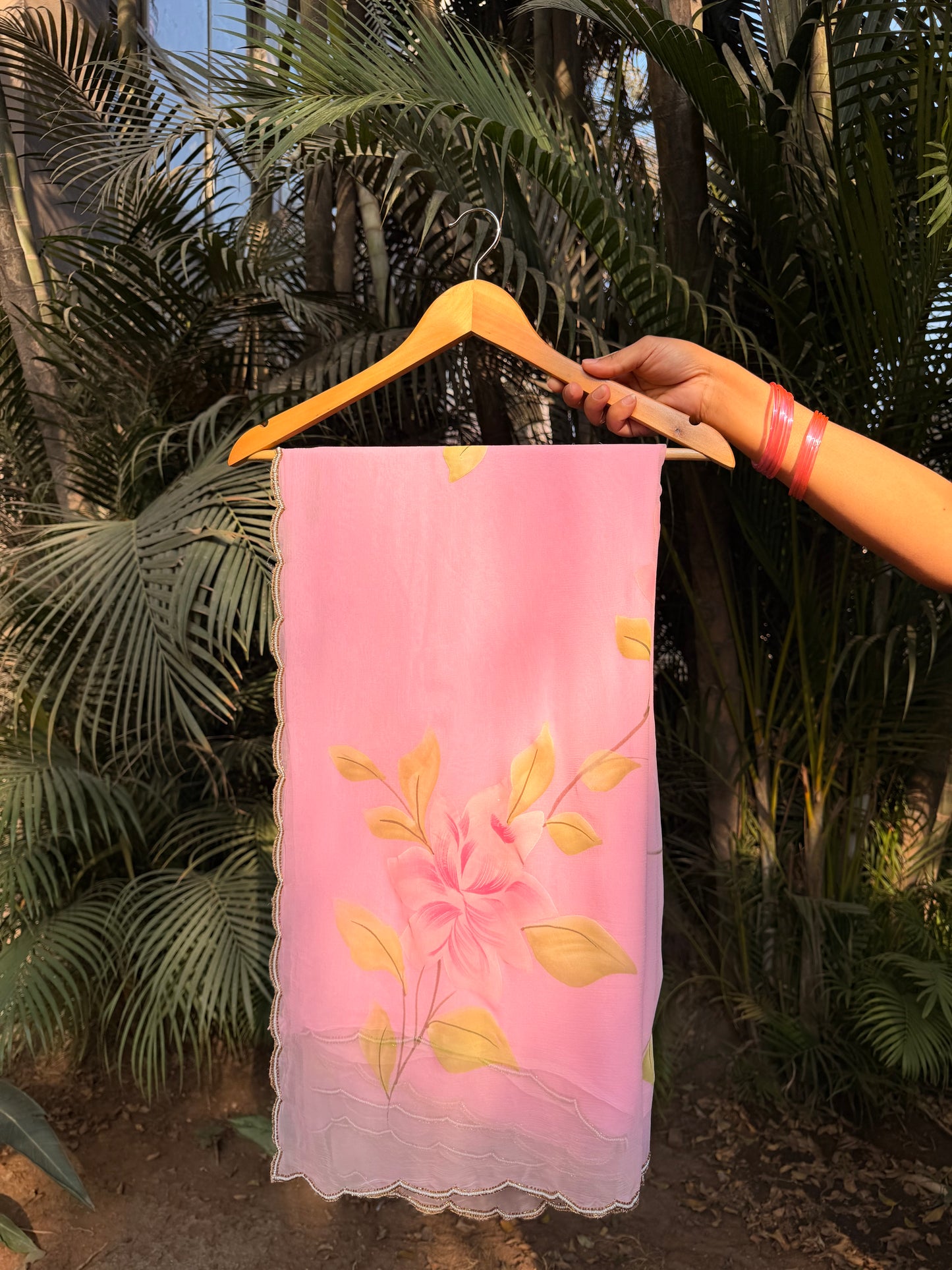 Blush Petal Hand-Painted & Hand-Embroidered Pure Chiffon Saree