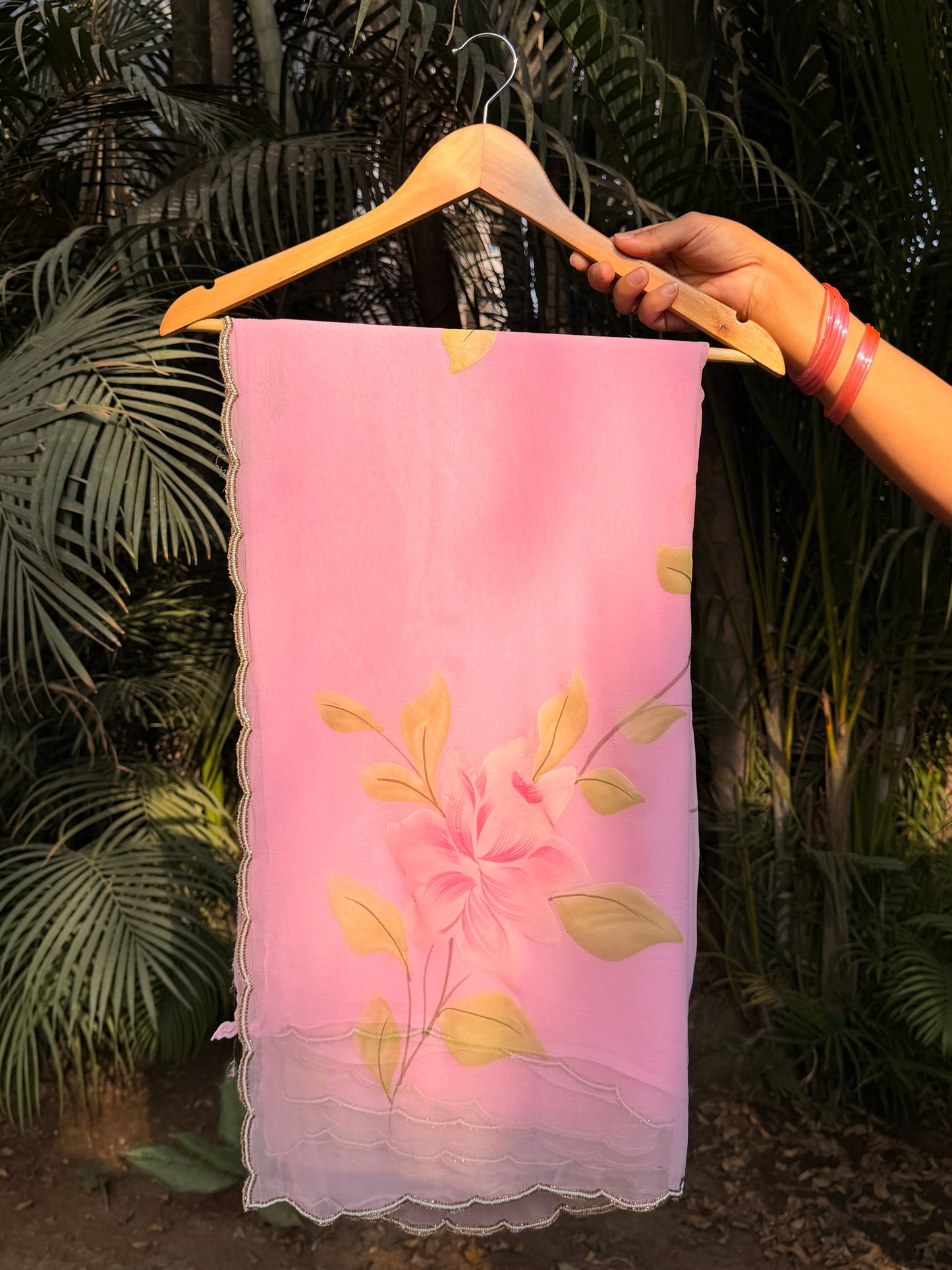 Blush Petal Hand-Painted & Hand-Embroidered Pure Chiffon Saree