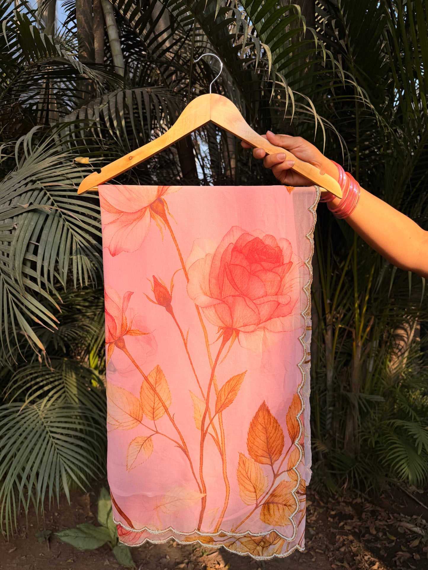 Rosé Bloom Hand-Embroidered Pure Chiffon Saree