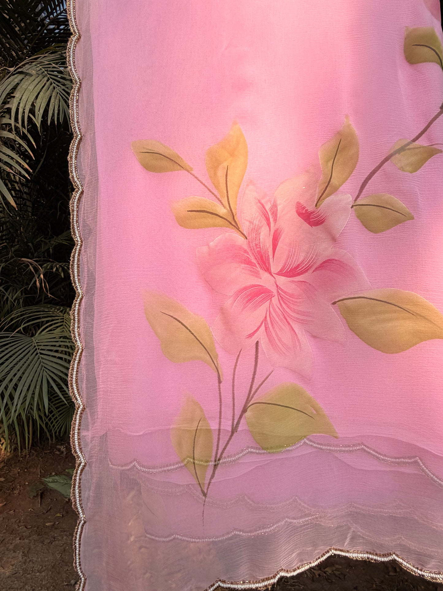 Blush Petal Hand-Painted & Hand-Embroidered Pure Chiffon Saree