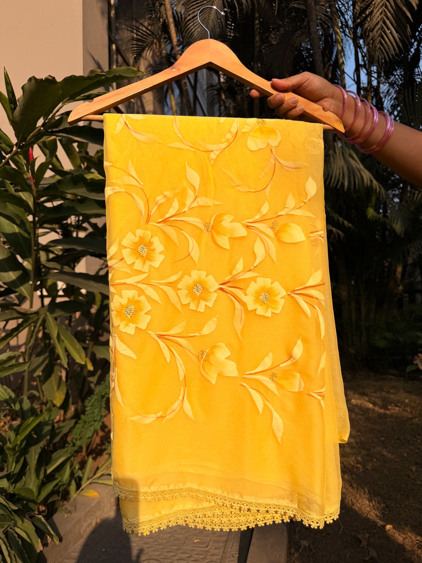 Sunlit Bloom Hand-Painted Pure Chiffon Saree