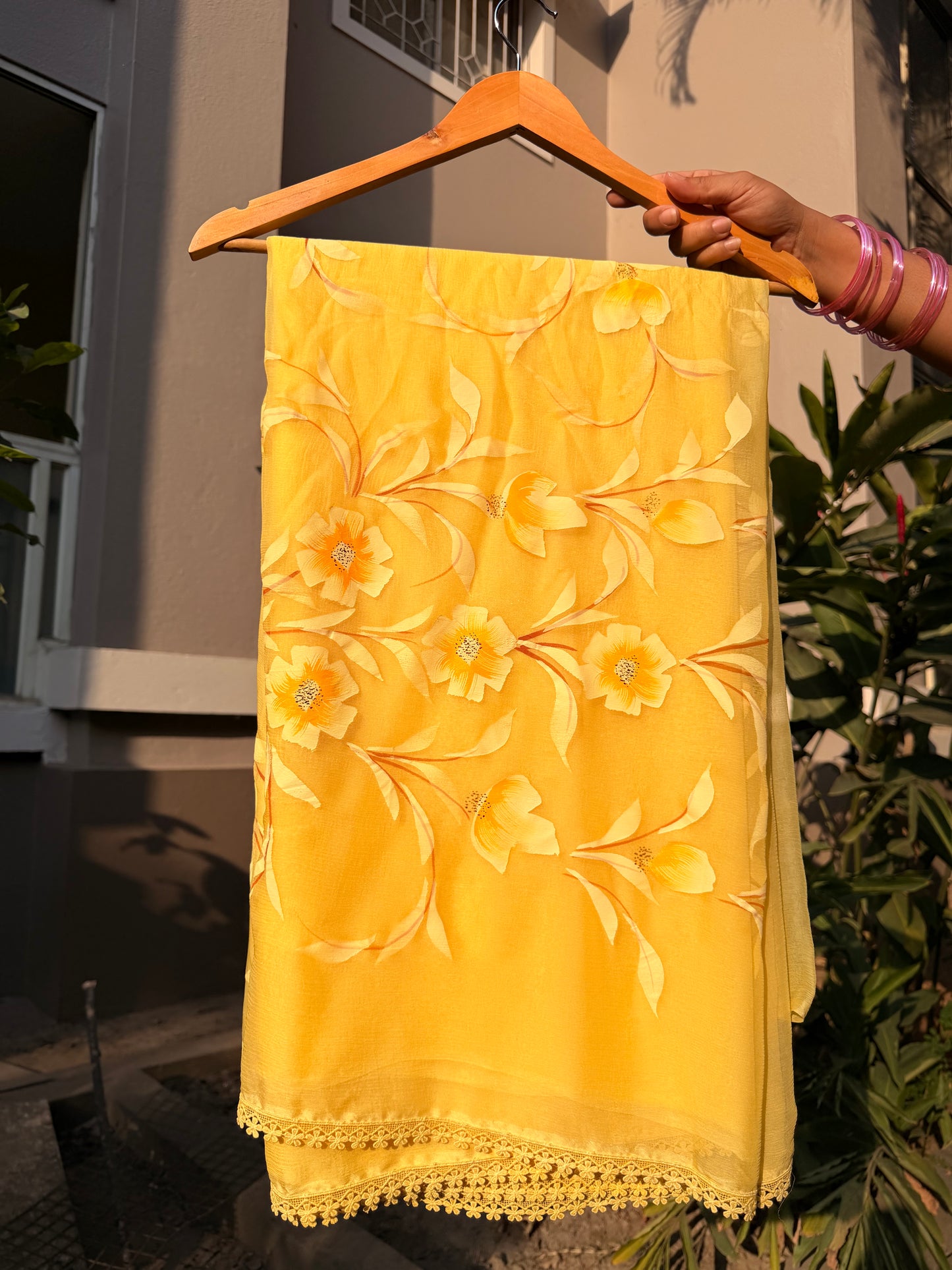 Sunlit Bloom Hand-Painted Pure Chiffon Saree