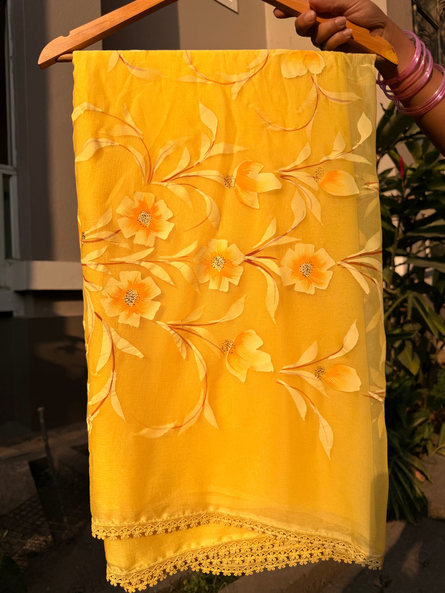 Sunlit Bloom Hand-Painted Pure Chiffon Saree