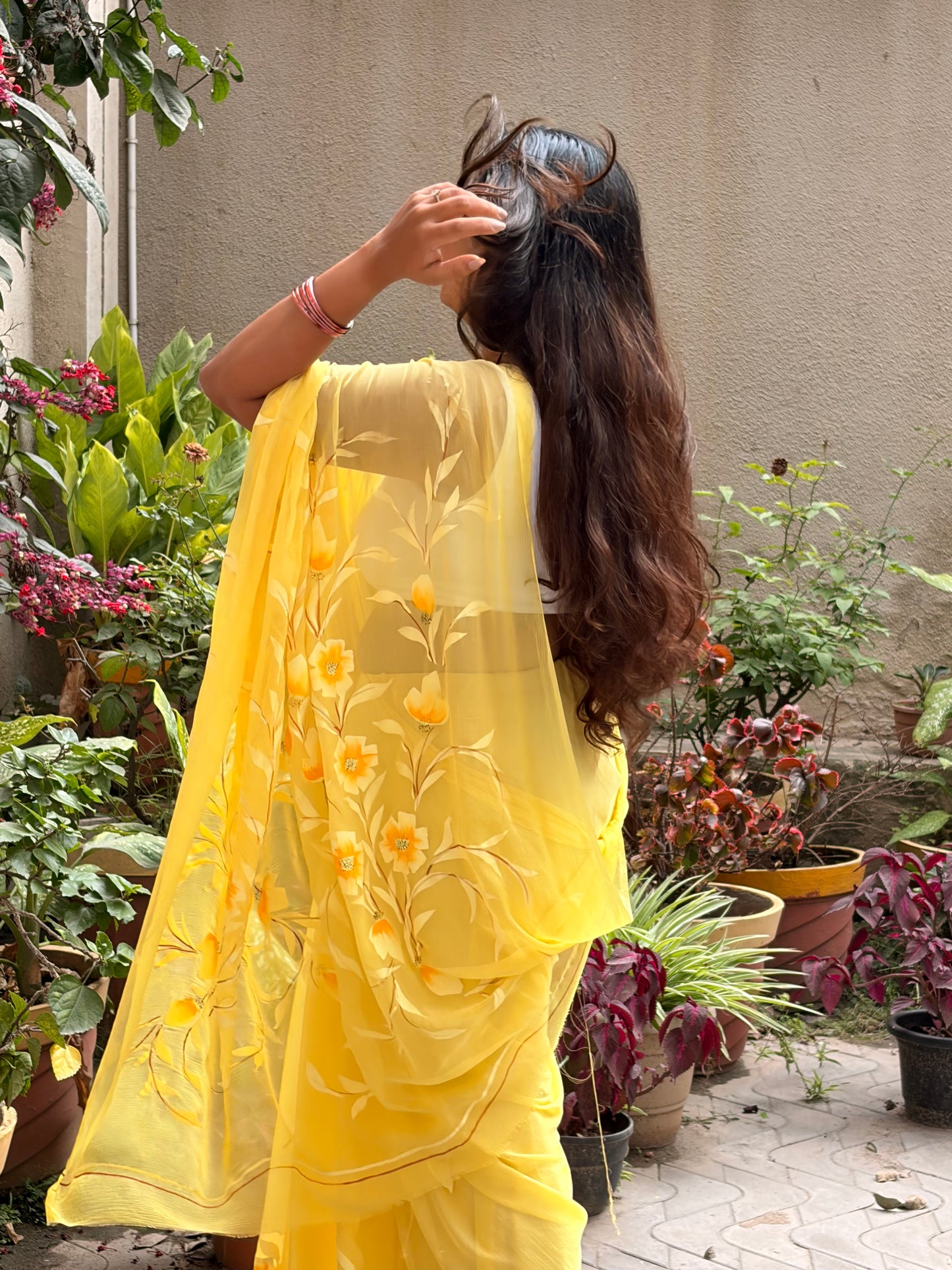 Yellow Hand-painted Chiffon Saree