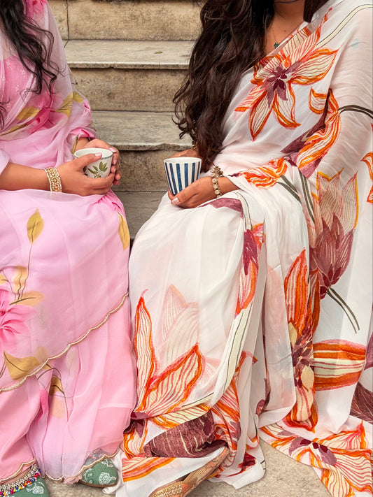 Beige Floral & Hand-Embroidered Georgette Saree