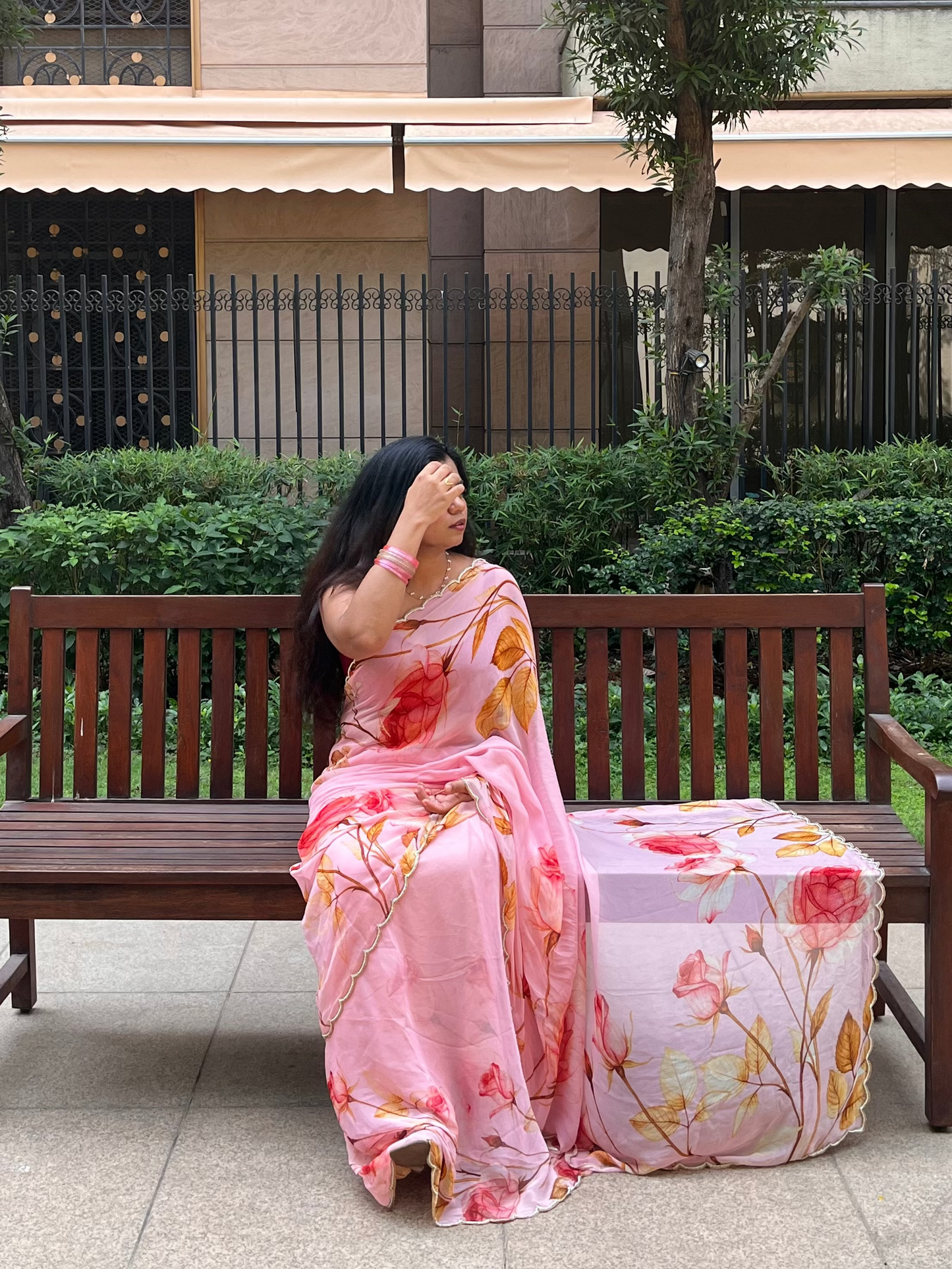 Rosé Bloom Hand-Embroidered Pure Chiffon Saree