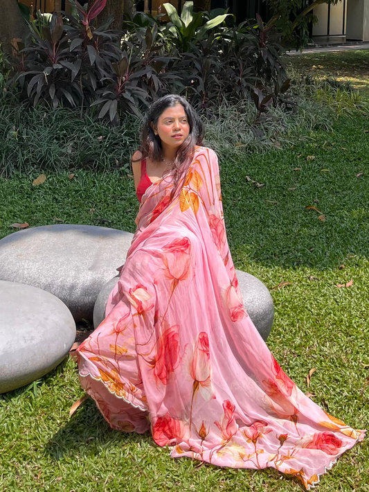 Rosé Bloom Hand-Embroidered Pure Chiffon Saree