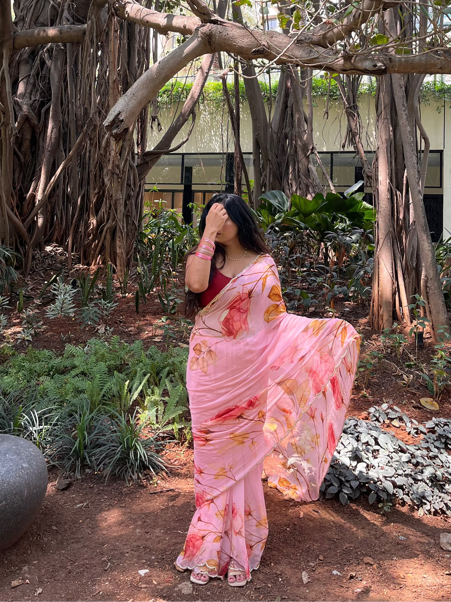 Rosé Bloom Hand-Embroidered Pure Chiffon Saree