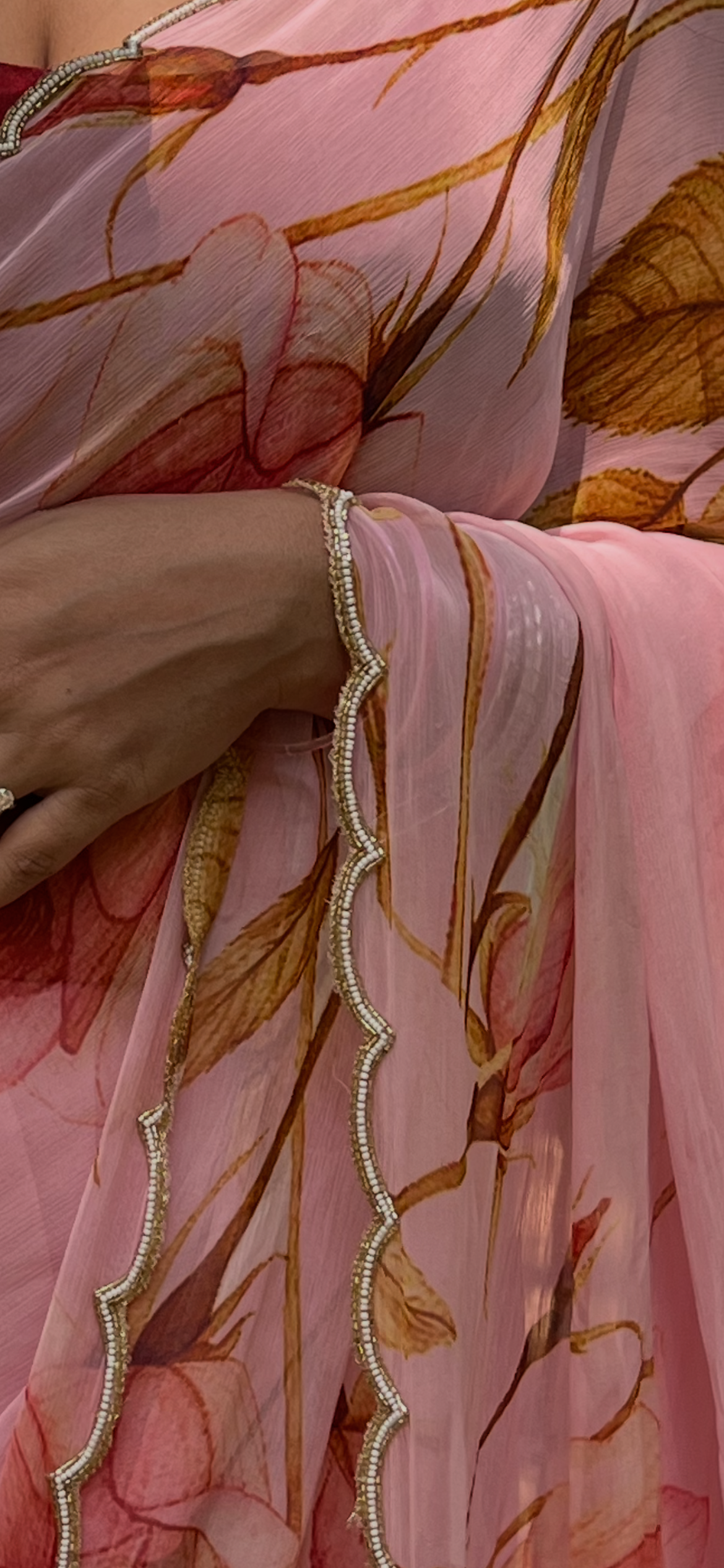 Rosé Bloom Hand-Embroidered Pure Chiffon Saree