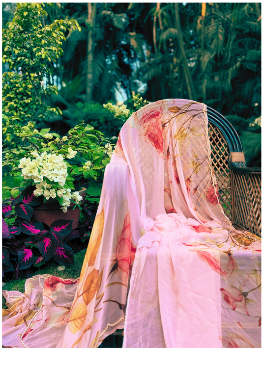 Peach-Pink Floral Hand-Embroidered Chiffon saree